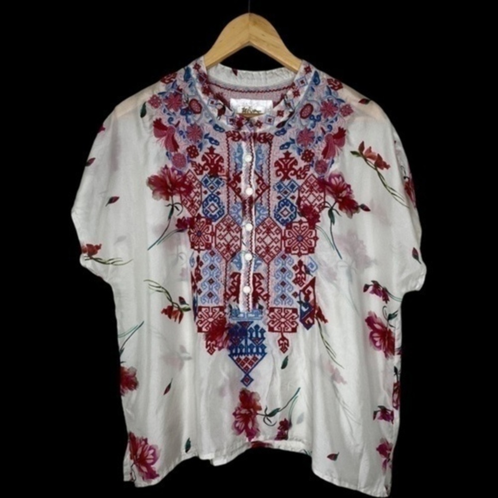 BIYA Johnny Was Idalina Silk Floral Colorful Embroidered Tunic Top NWT